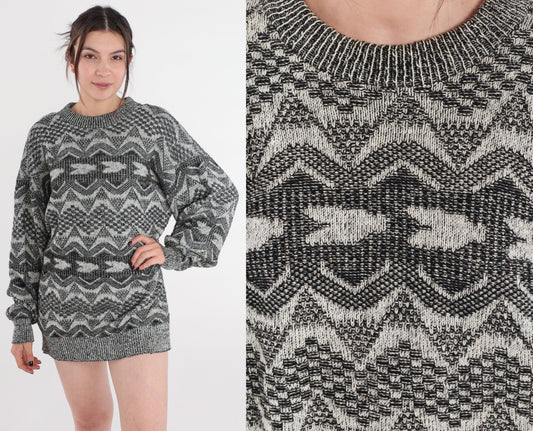 90s Geometric Triangle Wool Blend Sweater Crewneck Pullover Grey Large