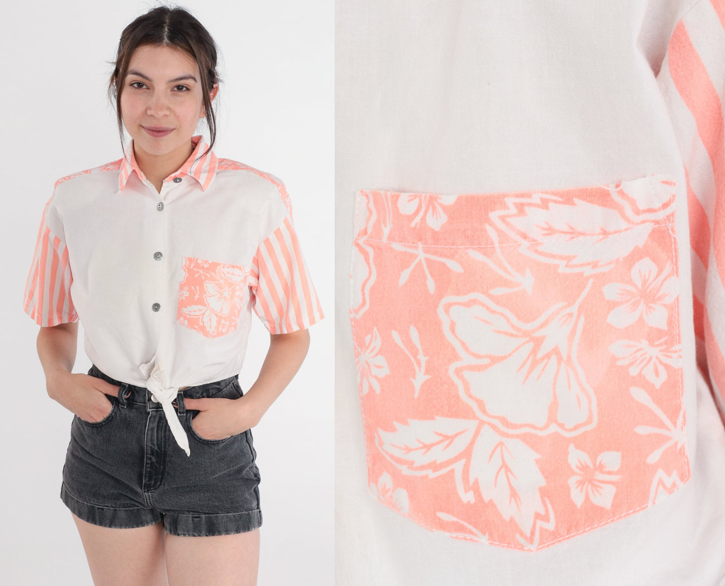 90s Gitano Tropical Floral Crop Top White Peach Striped Button Up Small
