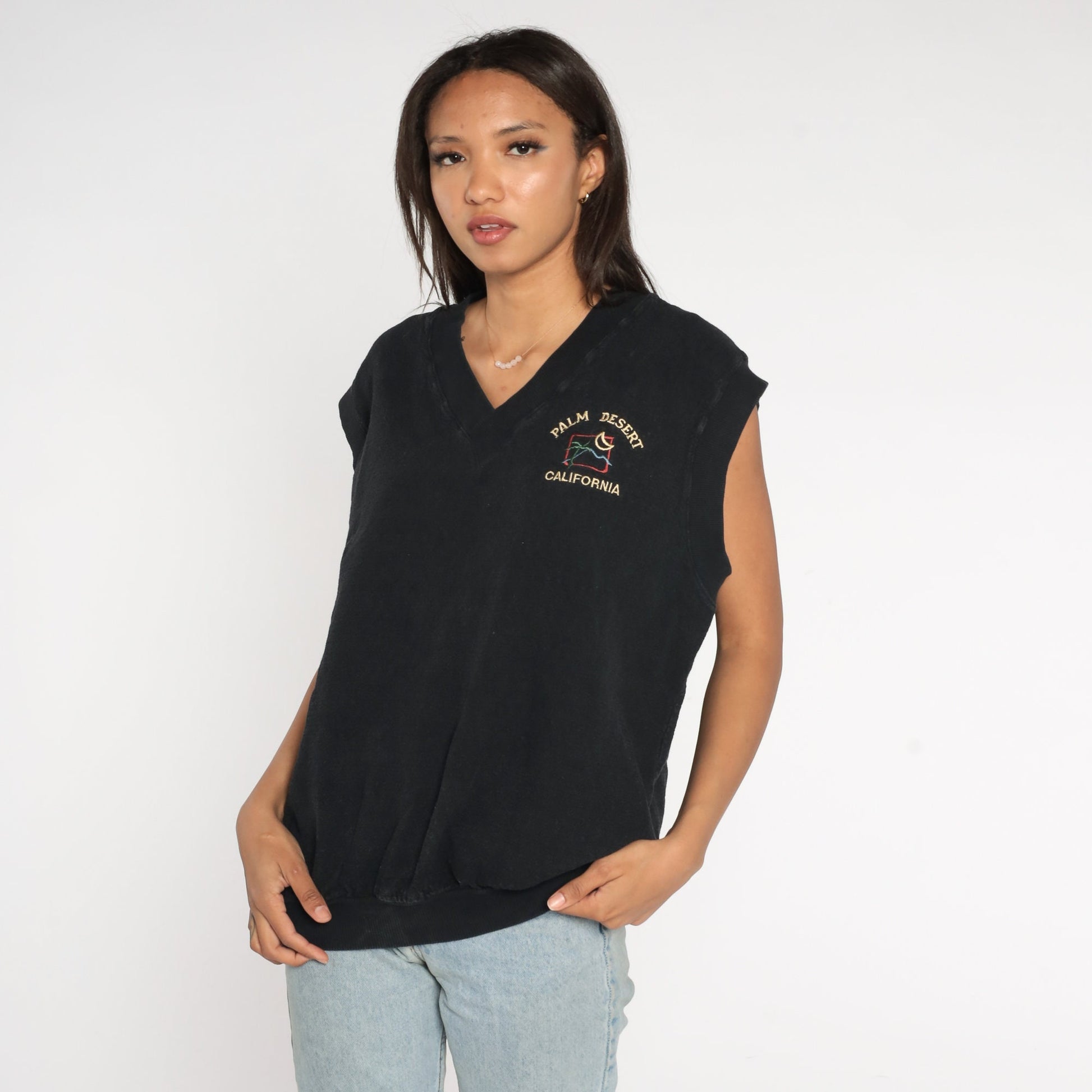 80s Palm Desert California Embroidered Sleeveless Vest Black Large