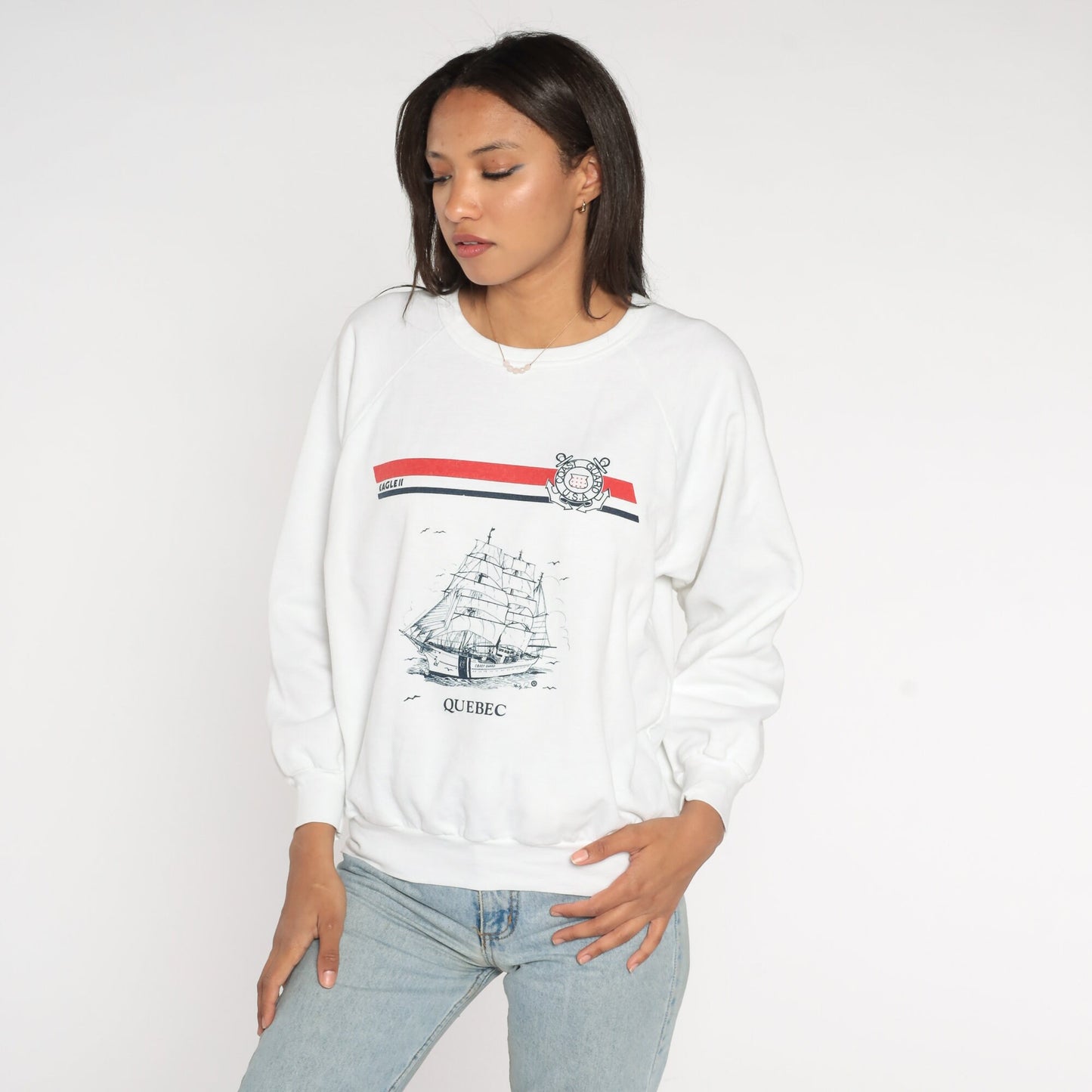 80s US Coast Guard Eagle II Sailboat Raglan Sweatshirt White Nautical Medium