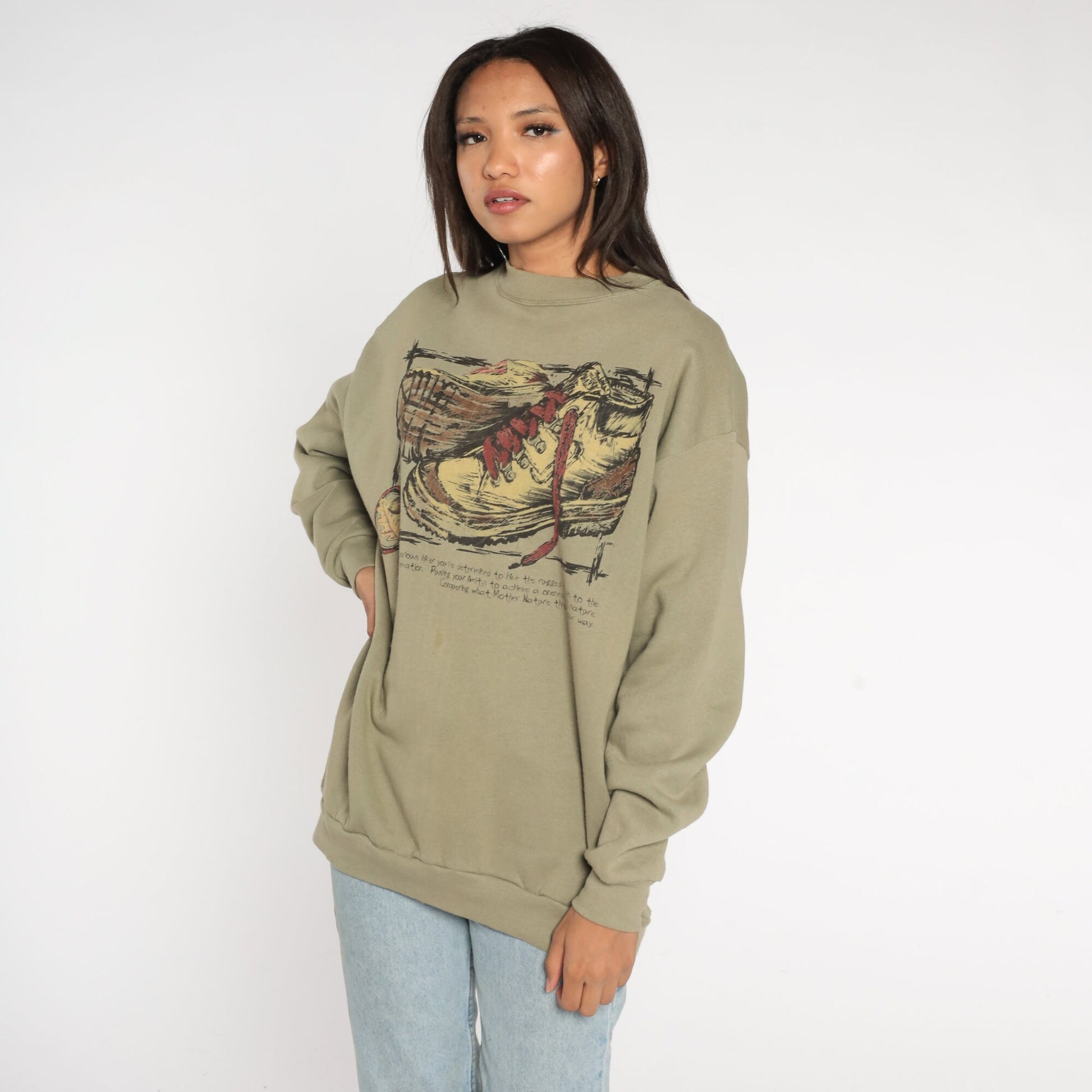 90s Hiking Boot Graphic Sweatshirt Taupe Drop Shoulder Crewneck Large L