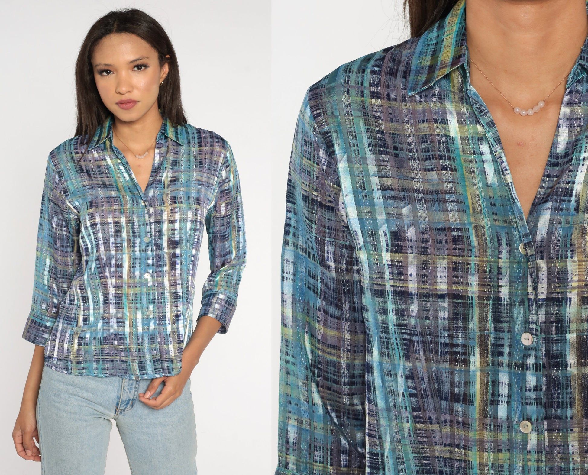 00s Metallic Striped Button-Up Blouse Purple Blue 3/4 Sleeve Medium