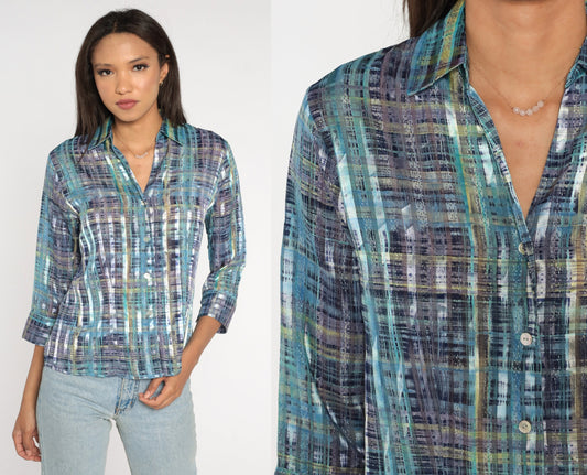 00s Metallic Striped Button-Up Blouse Purple Blue 3/4 Sleeve Medium