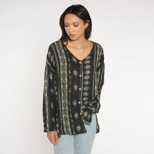90s Black Striped Floral Rayon Button-Up Blouse Long Sleeve Small