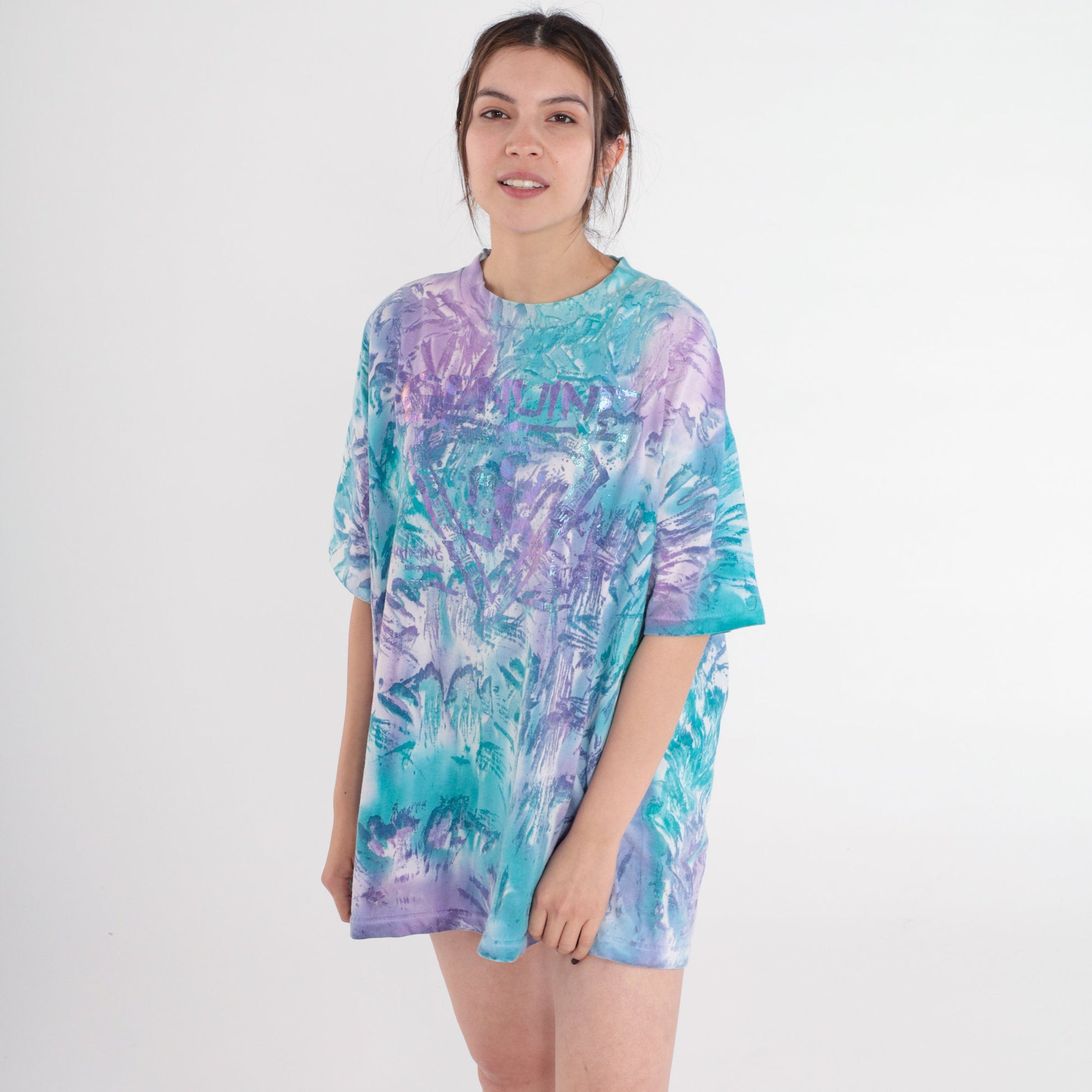 90s Genuine Tie Dye Graphic T-Shirt Blue White Purple Metallic Paint One Size