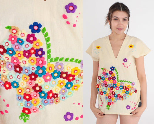 80s Cream Floral Embroidered Blouse Butterfly Cap Sleeve Cotton Medium
