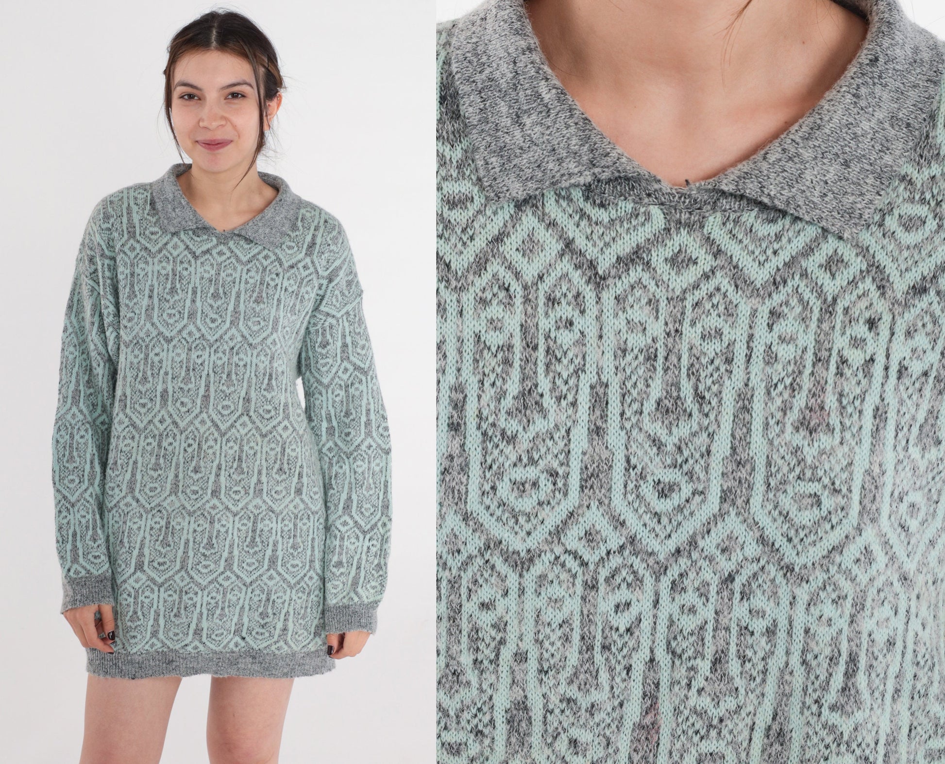 90s Face Print Collared Knit Sweater Grey Blue Pullover Medium M