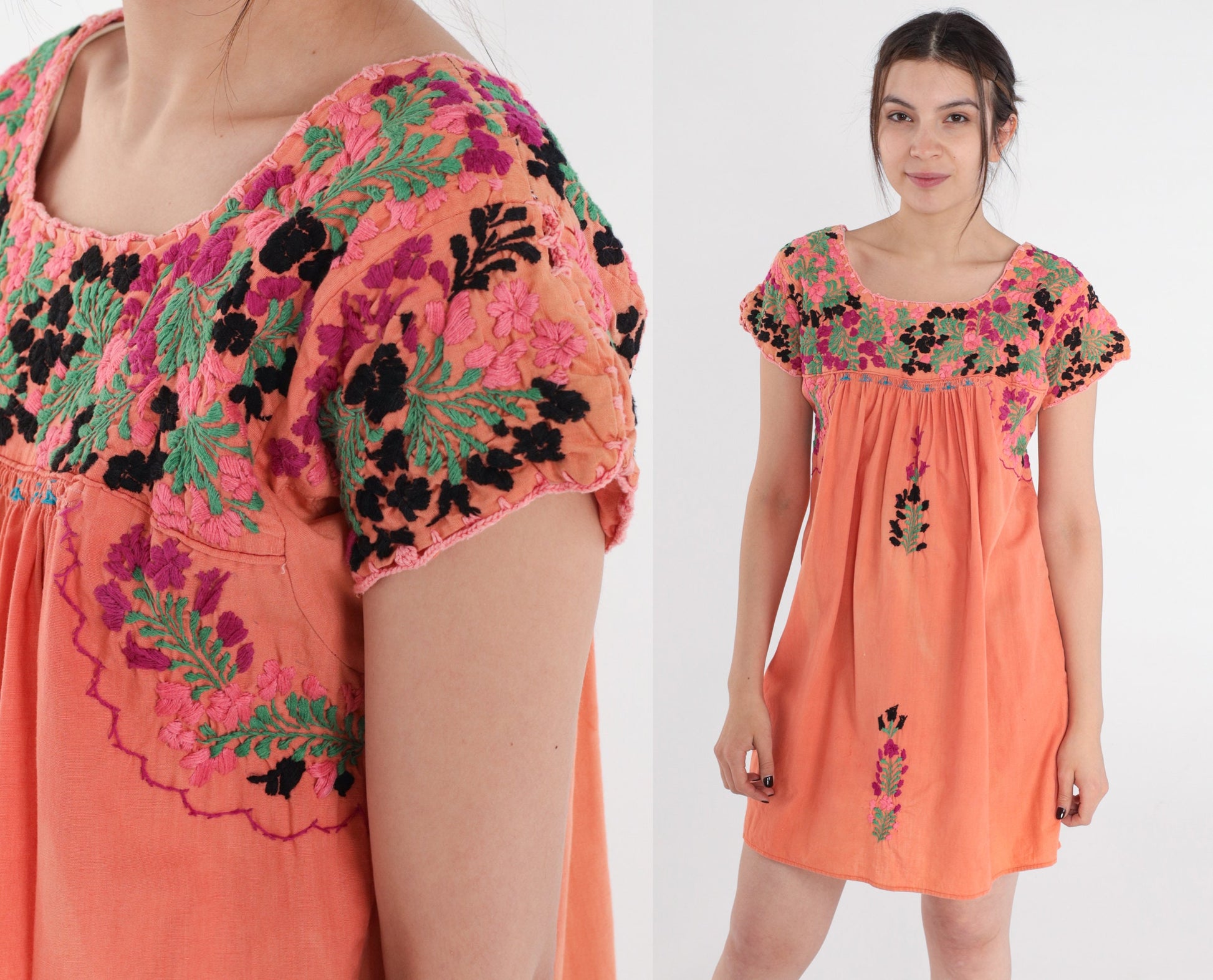 70s Oaxacan Floral Embroidered Mini Dress Orange Cotton Peasant Small