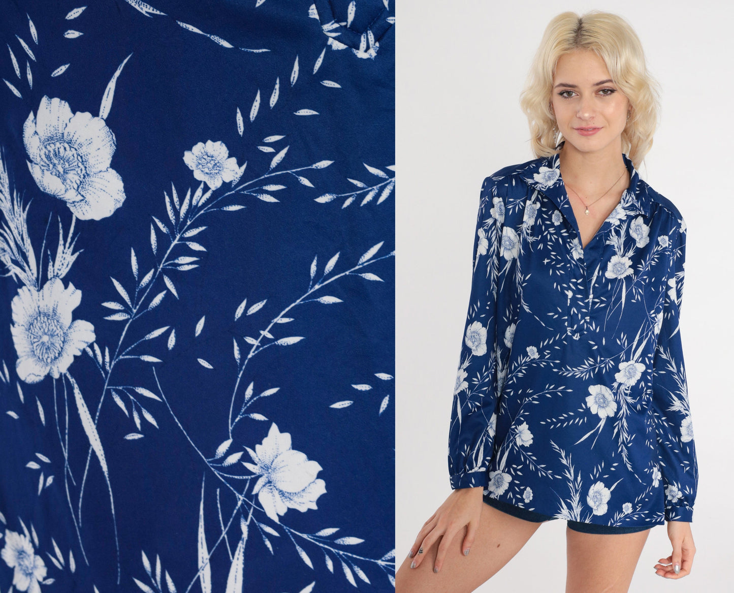 70s Floral Blouse Blue V-Neck Long Sleeve Polo Shirt Medium