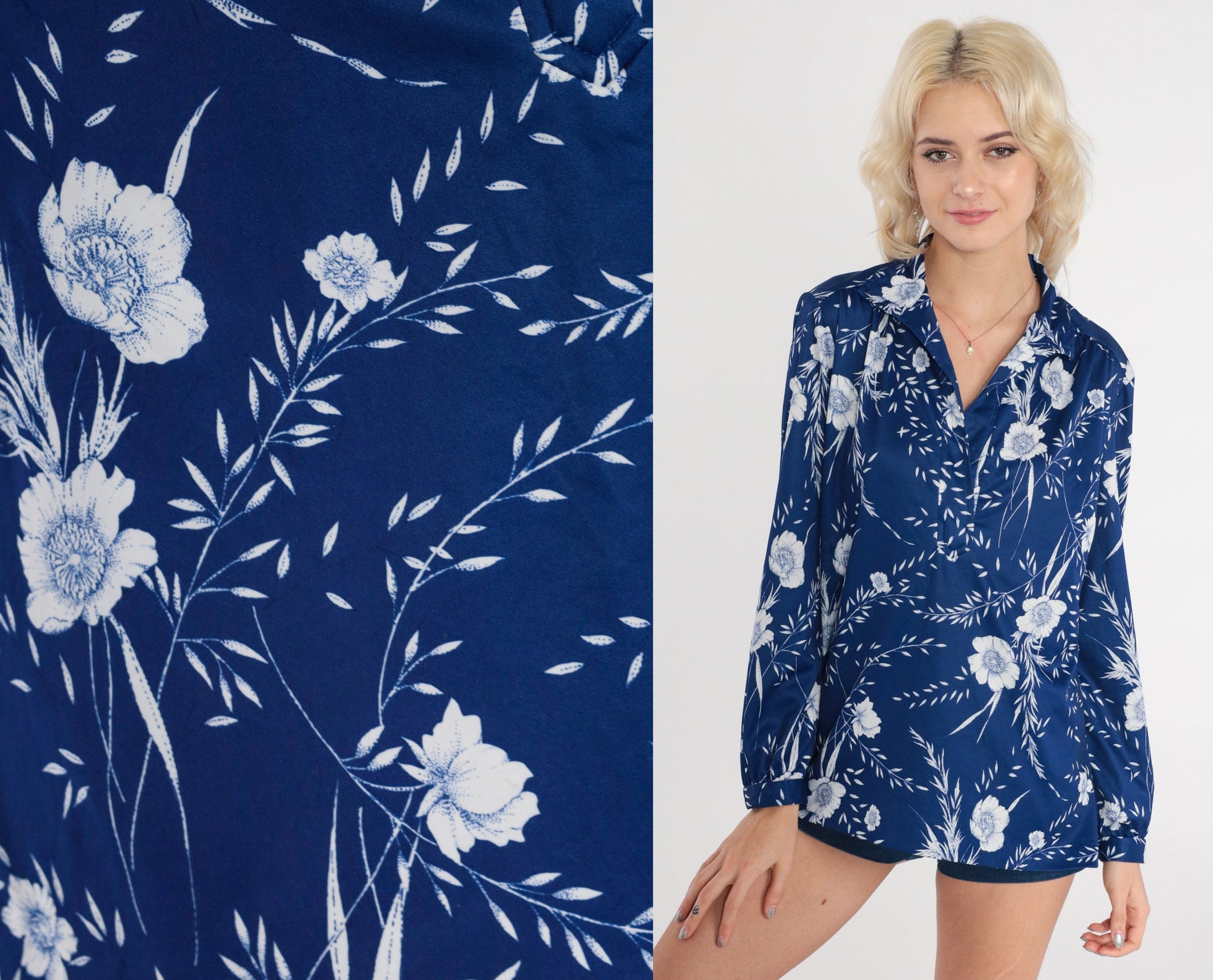 70s Floral Blouse Blue V-Neck Long Sleeve Polo Shirt Medium