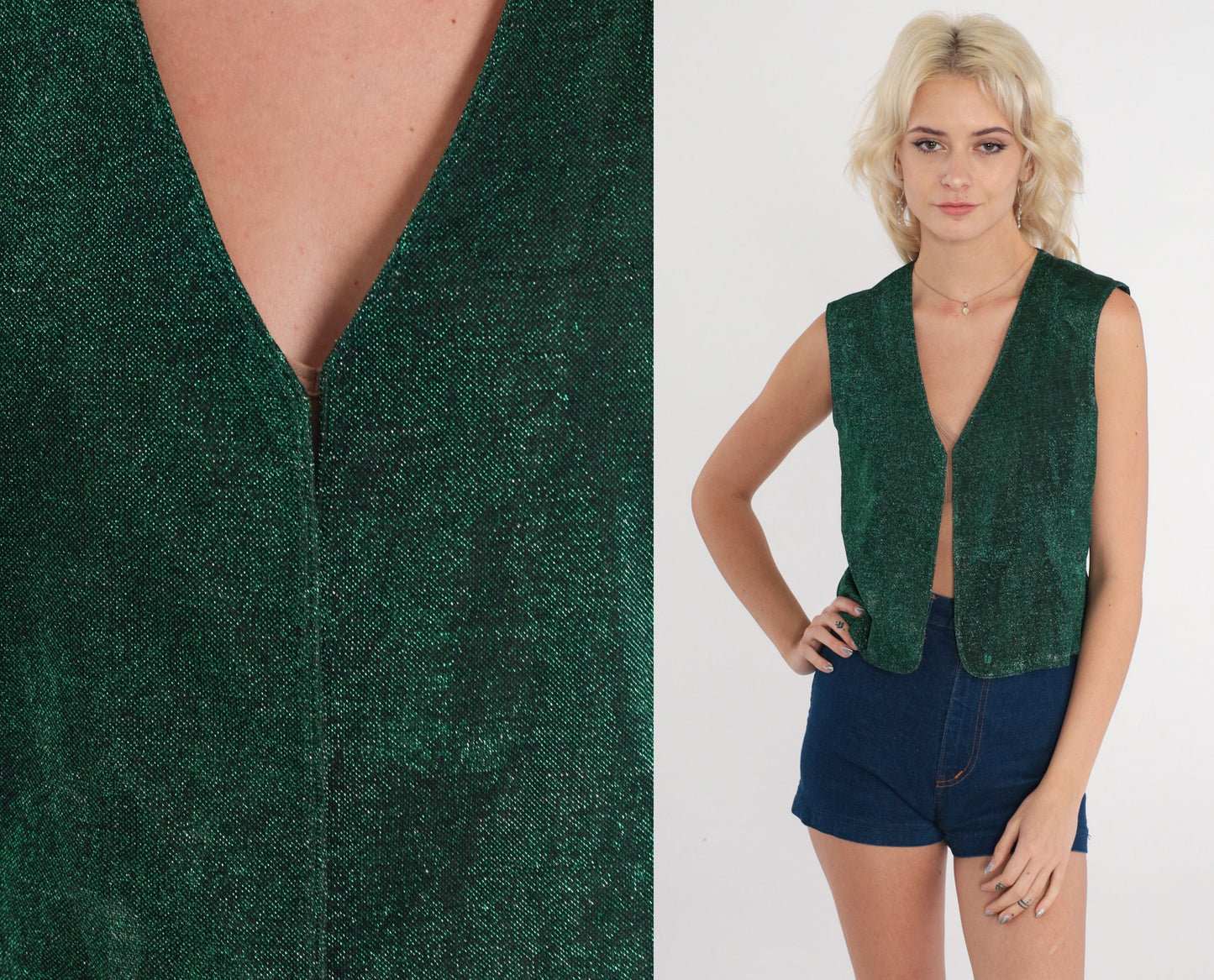 70s Green Metallic Vest Sleeveless Open Front Disco Festival Small