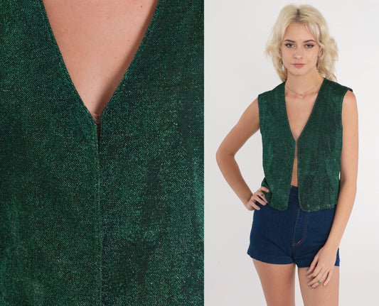 70s Green Metallic Vest Sleeveless Open Front Disco Festival Small