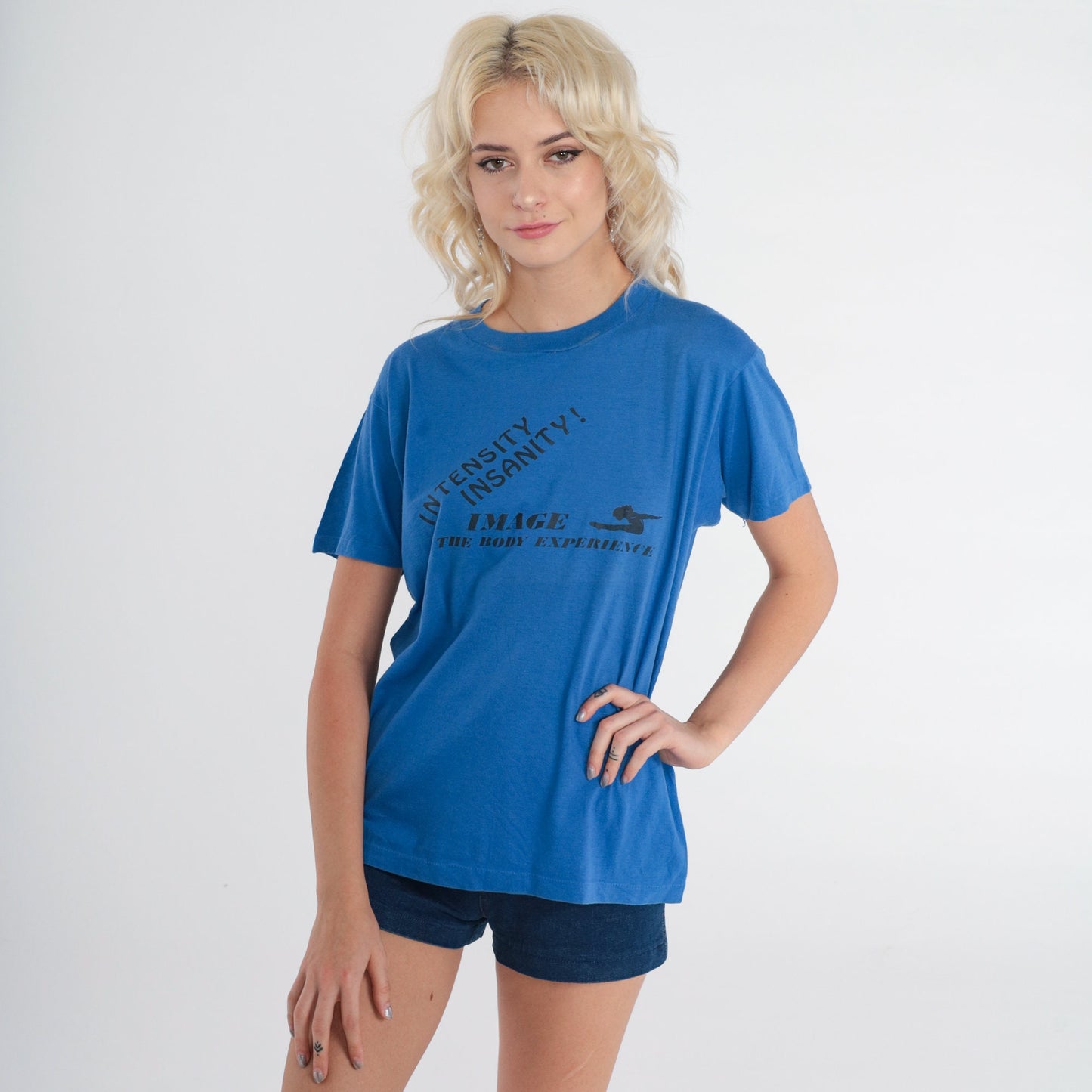80s Intensity Insanity Graphic T-Shirt Blue Athletic Aerobics Tee Medium