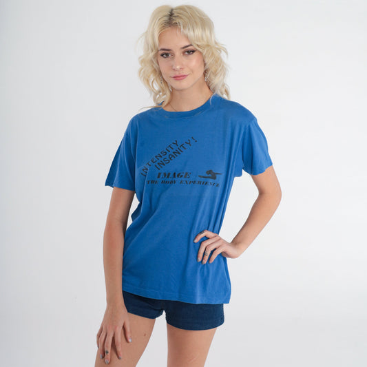 80s Intensity Insanity Graphic T-Shirt Blue Athletic Aerobics Tee Medium