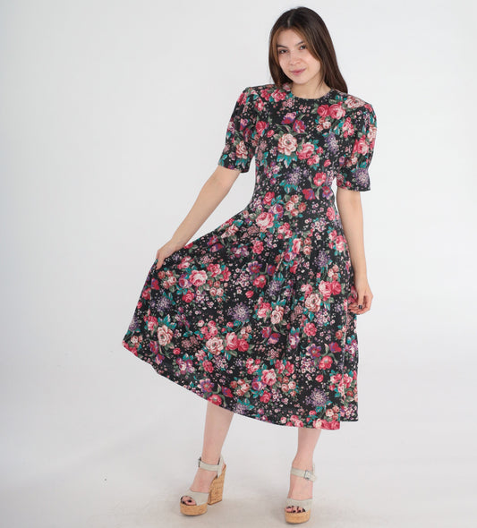 80s Forenza Floral Midi Dress Puff Sleeve Drop Waist Pink Extra Small