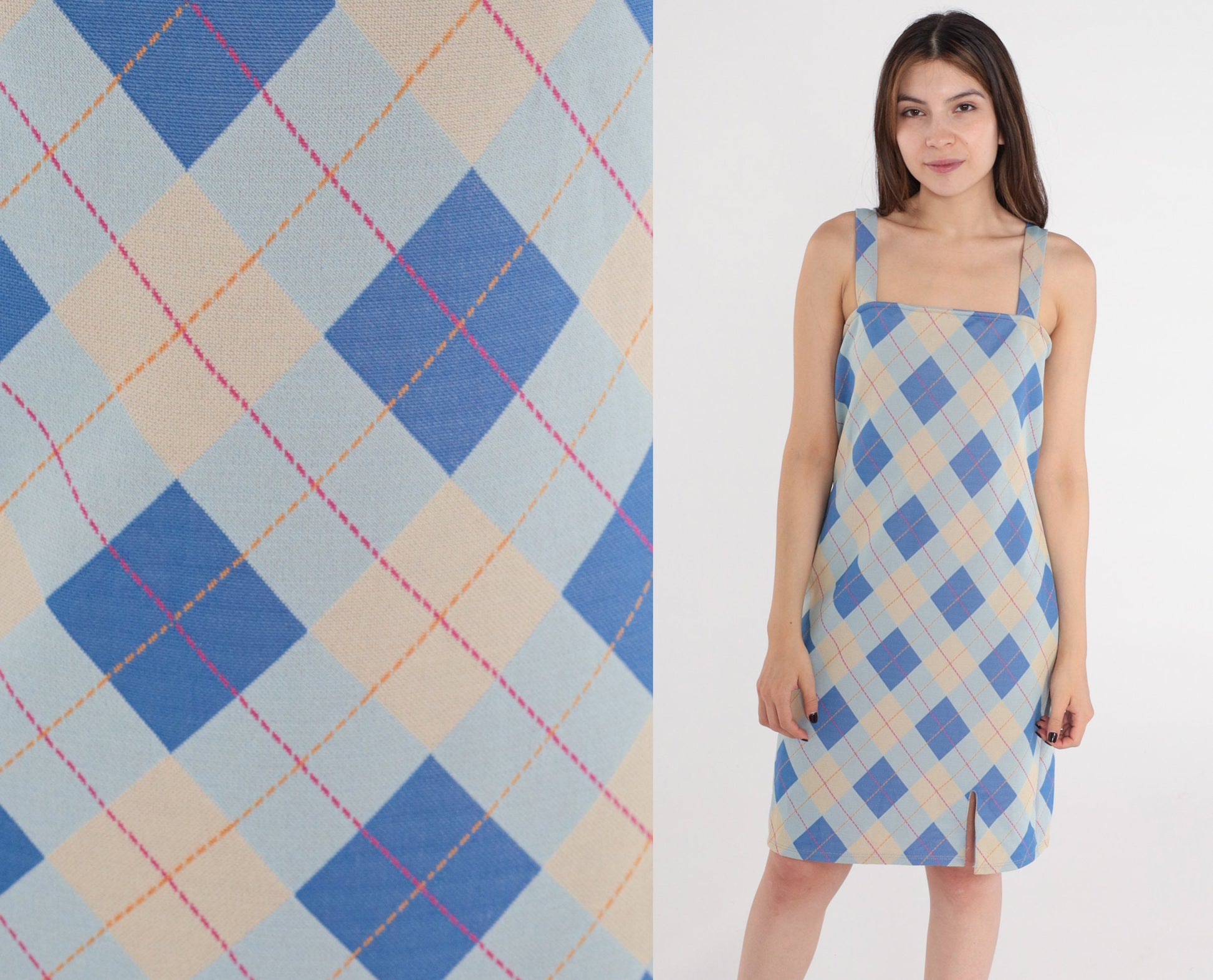 Y2K Blue Plaid Mini Shift Dress Spaghetti Strap Checkered Small Medium