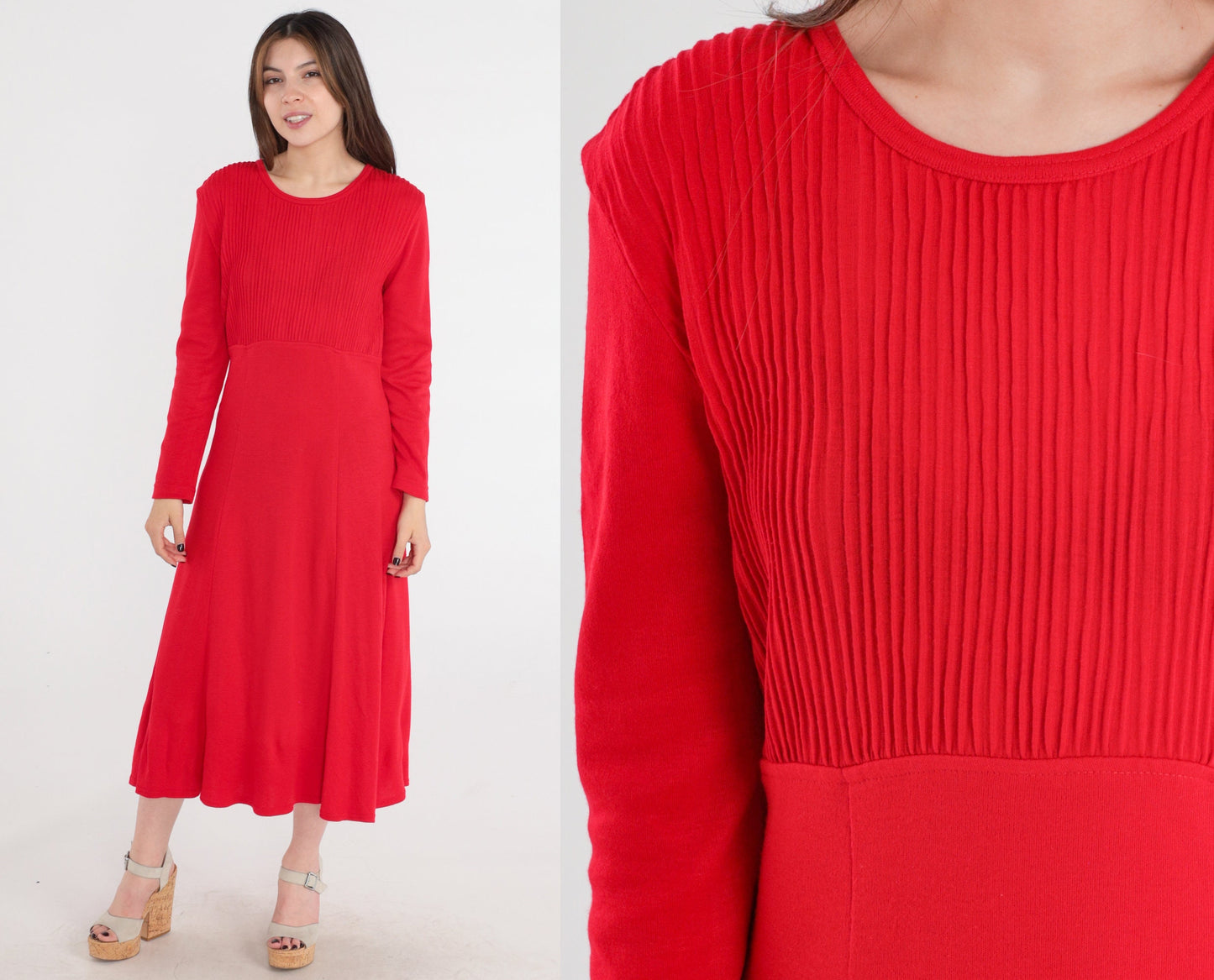 80s Red Midi Dress High Waist Pleated Long Sleeve Medium