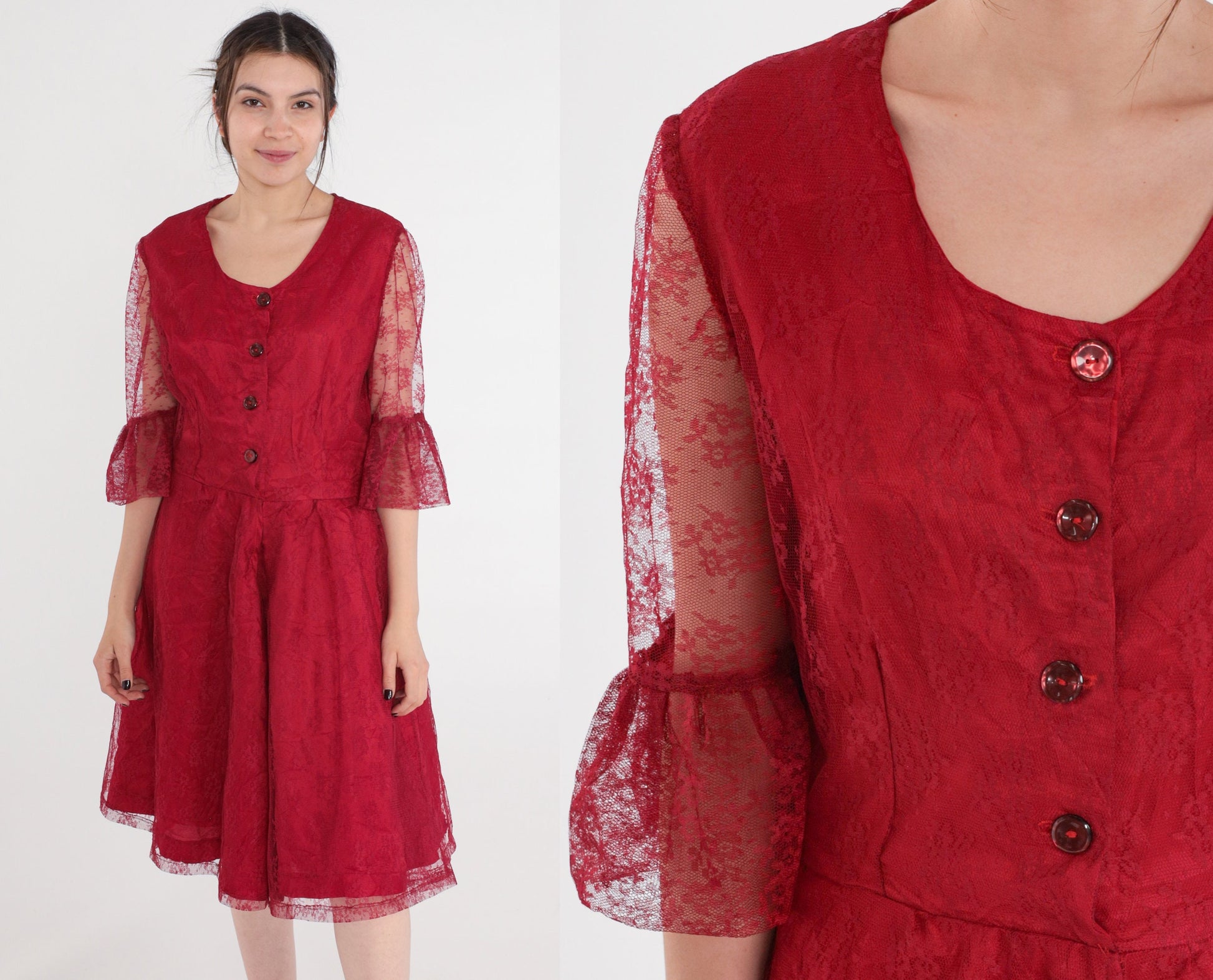90s Red Lace Dress Button-Up Sheer Ruffle Sleeve Knee-Length Medium M