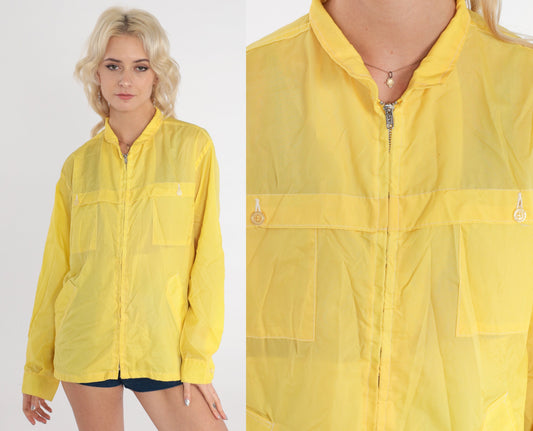 70s Yellow Nylon Windbreaker Jacket Semi-Sheer Shell Zip Front Medium