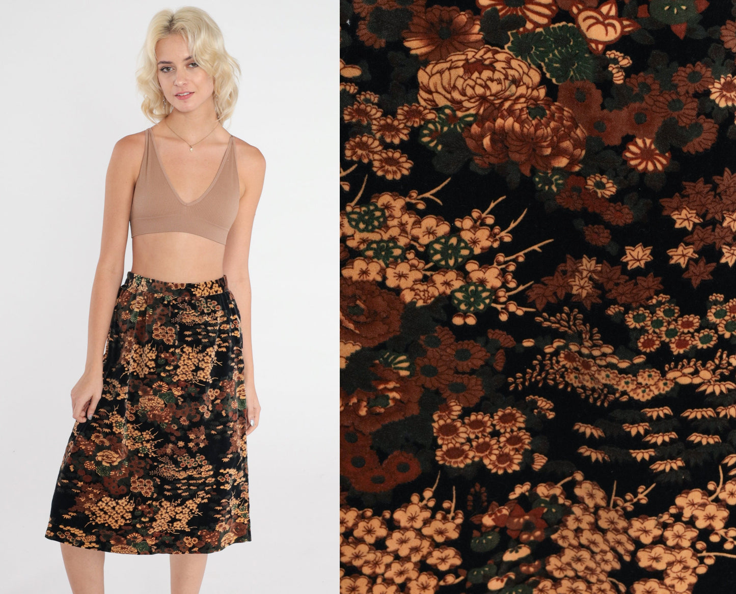 80s Black Velvet Floral Midi Skirt High Waisted Pencil Cut Small