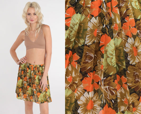 80s Floral Pleated Mini Skirt Olive Green Orange Flower Print Small Medium
