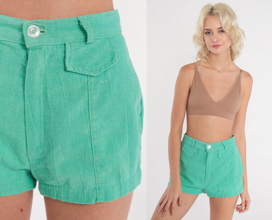 70s High Waisted Shorts Green Cotton Small S
