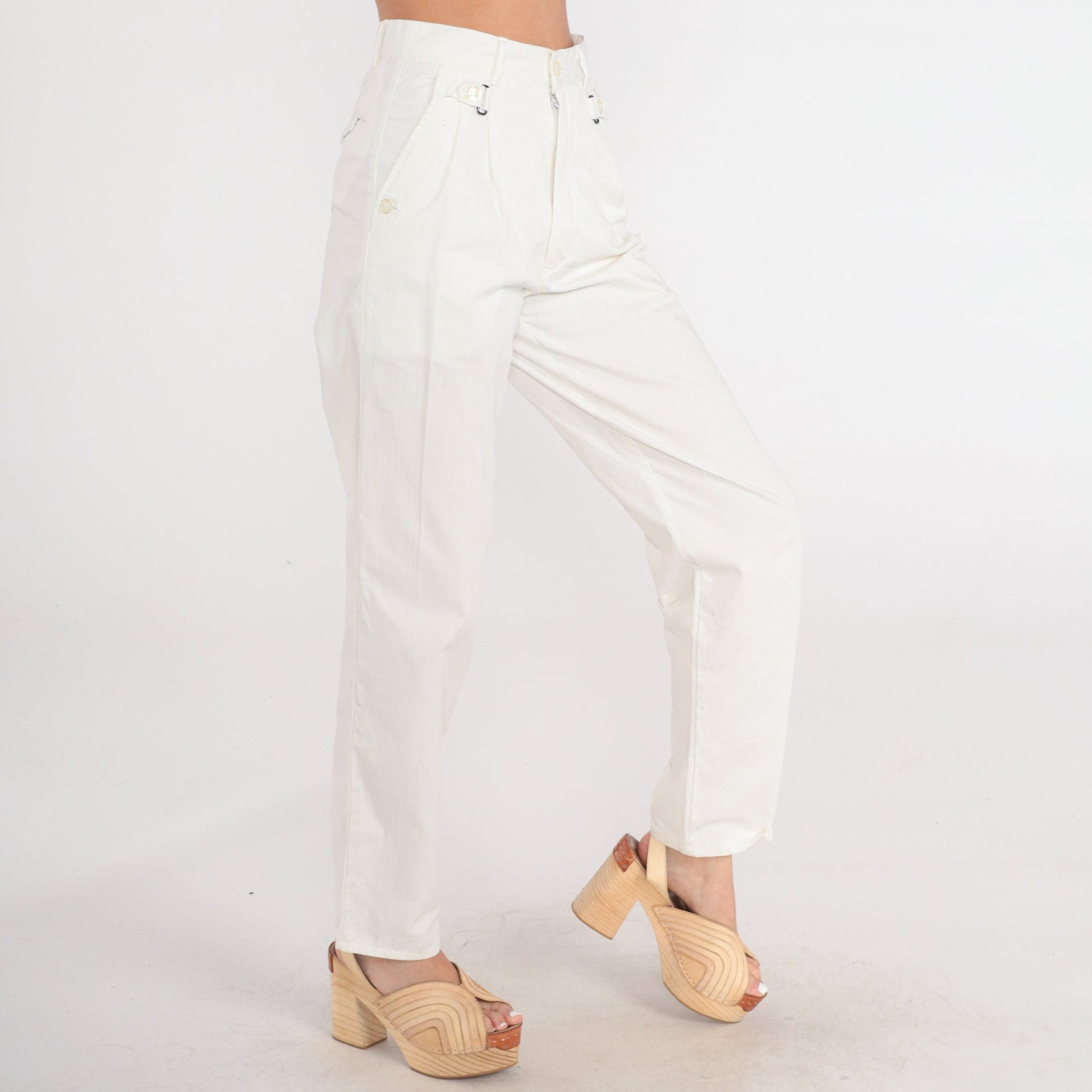 80s White Corduroy Pants High Waist Pleated Straight Leg Small