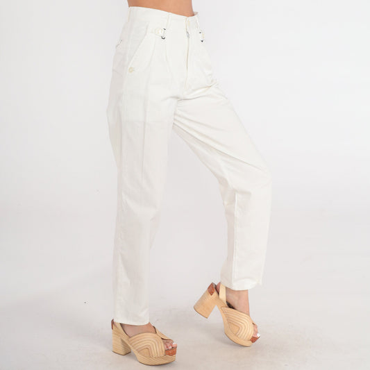 80s White Corduroy Pants High Waist Pleated Straight Leg Small