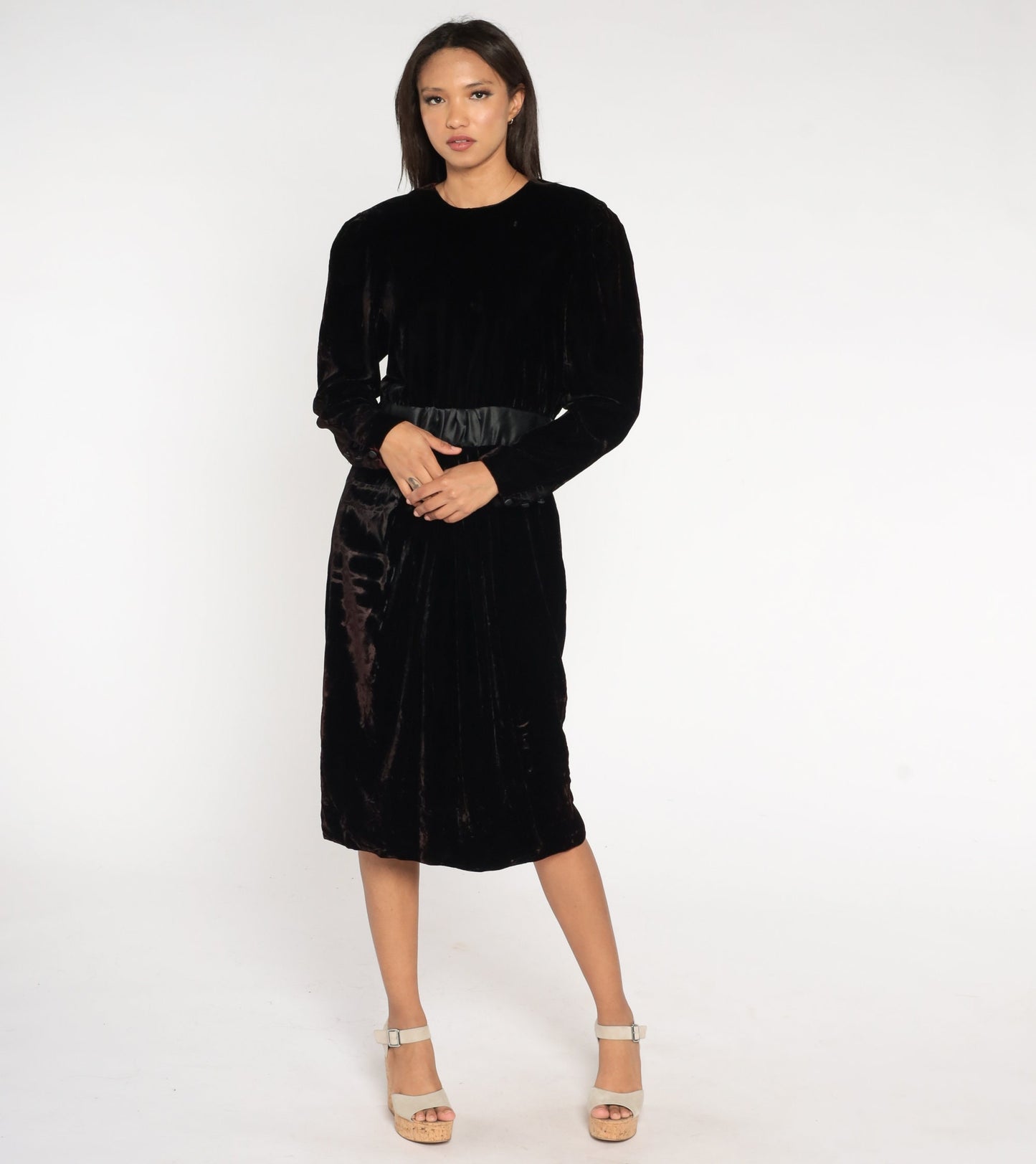 90s Black Velvet Midi Dress Long Sleeve High Waist Pencil Sheath Medium