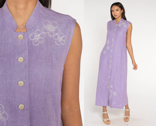90s Harvey Benard Lavender Linen Maxi Dress Floral Embroidery Mandarin Collar Large