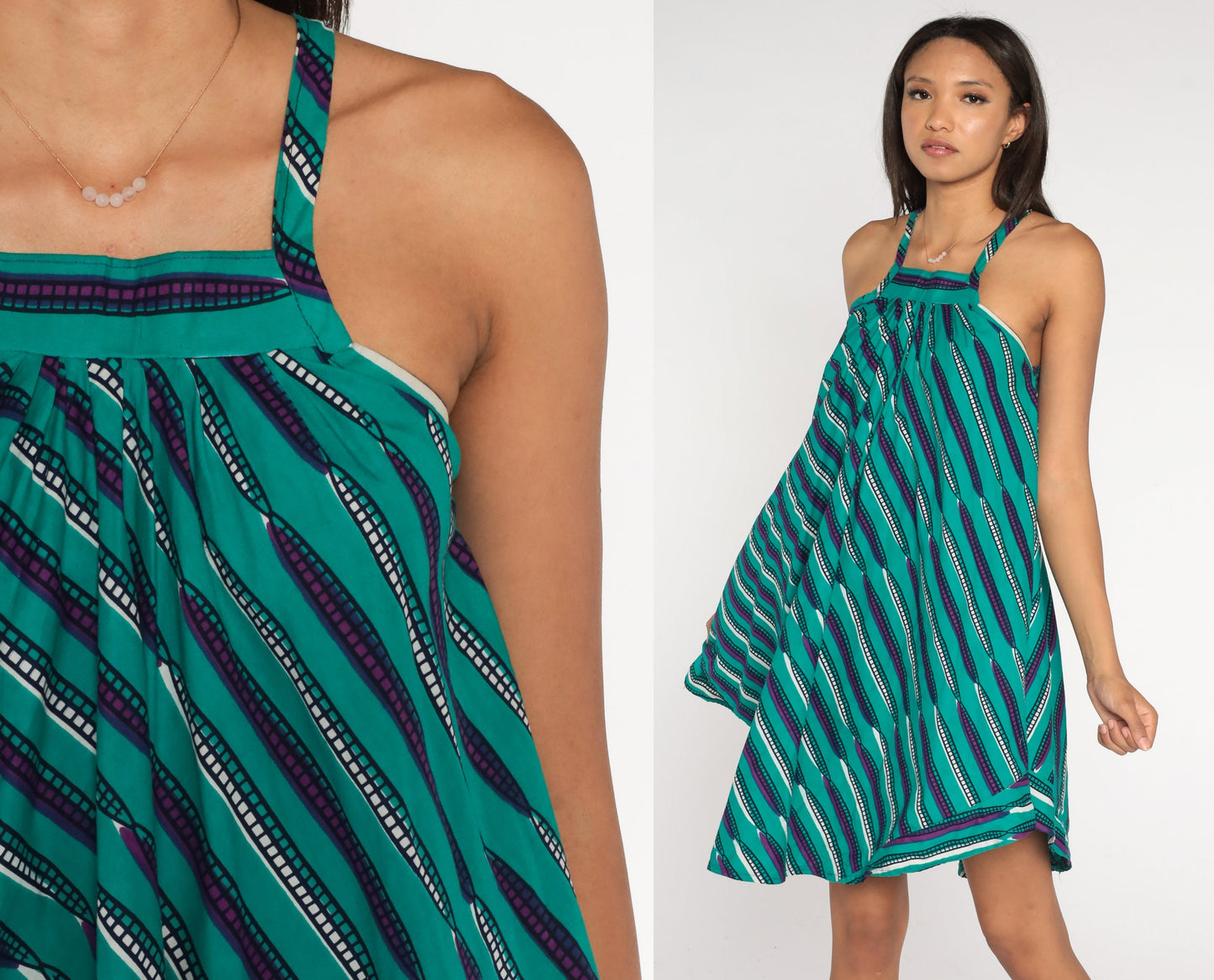 90s Turquoise Purple Striped Cotton Mini Sundress Tank Hanky Hem XXS