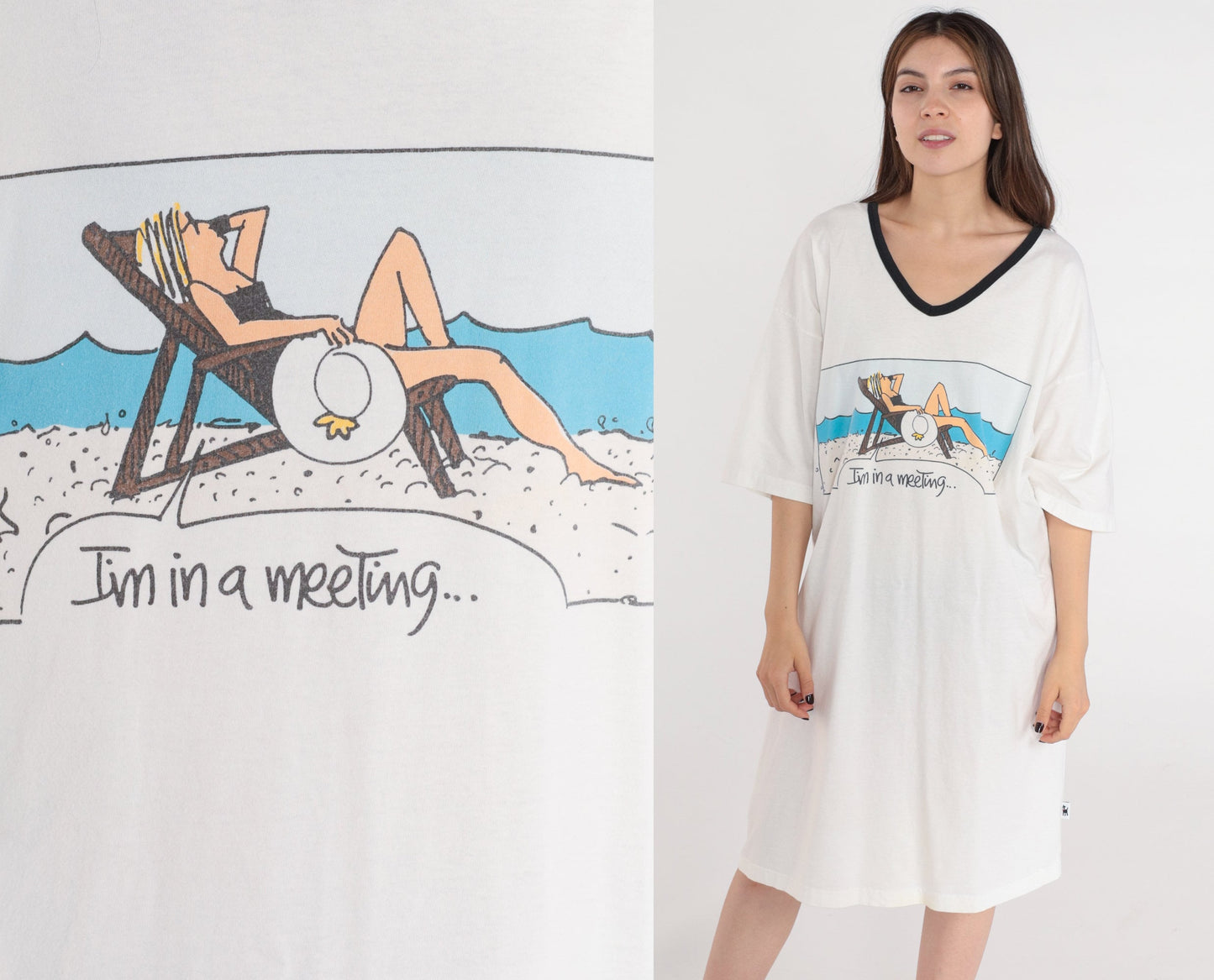 90s I'm In a Meeting Graphic T-Shirt Dress White Cotton Midi One Size