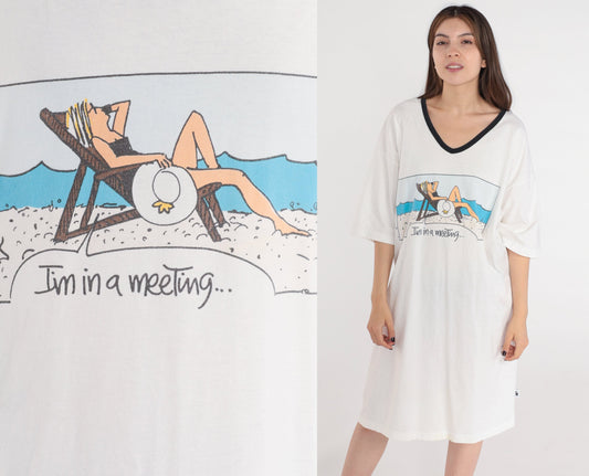 90s I'm In a Meeting Graphic T-Shirt Dress White Cotton Midi One Size