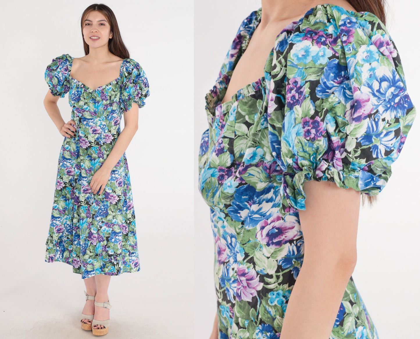 80s Floral Midi Dress Puff Sleeve Sweetheart Neckline Blue Purple Medium