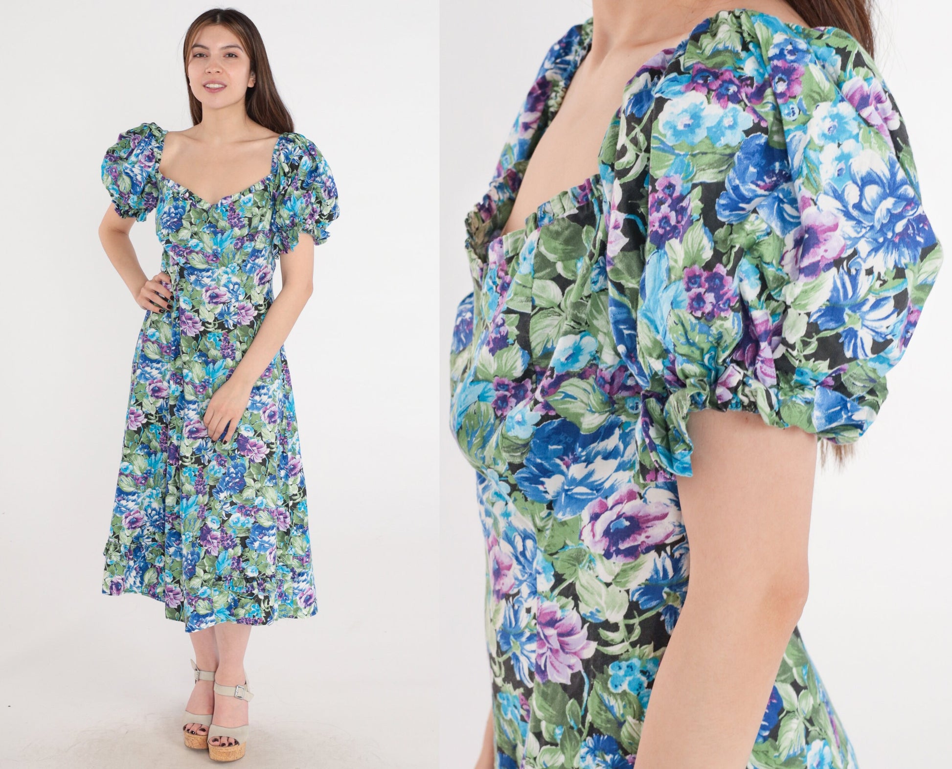 80s Floral Midi Dress Puff Sleeve Sweetheart Neckline Blue Purple Medium