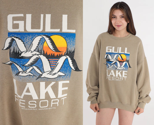 80s Gull Lake Resort Brainerd Minnesota Sweatshirt Seagull Sunset Taupe Extra Extra Large XXL