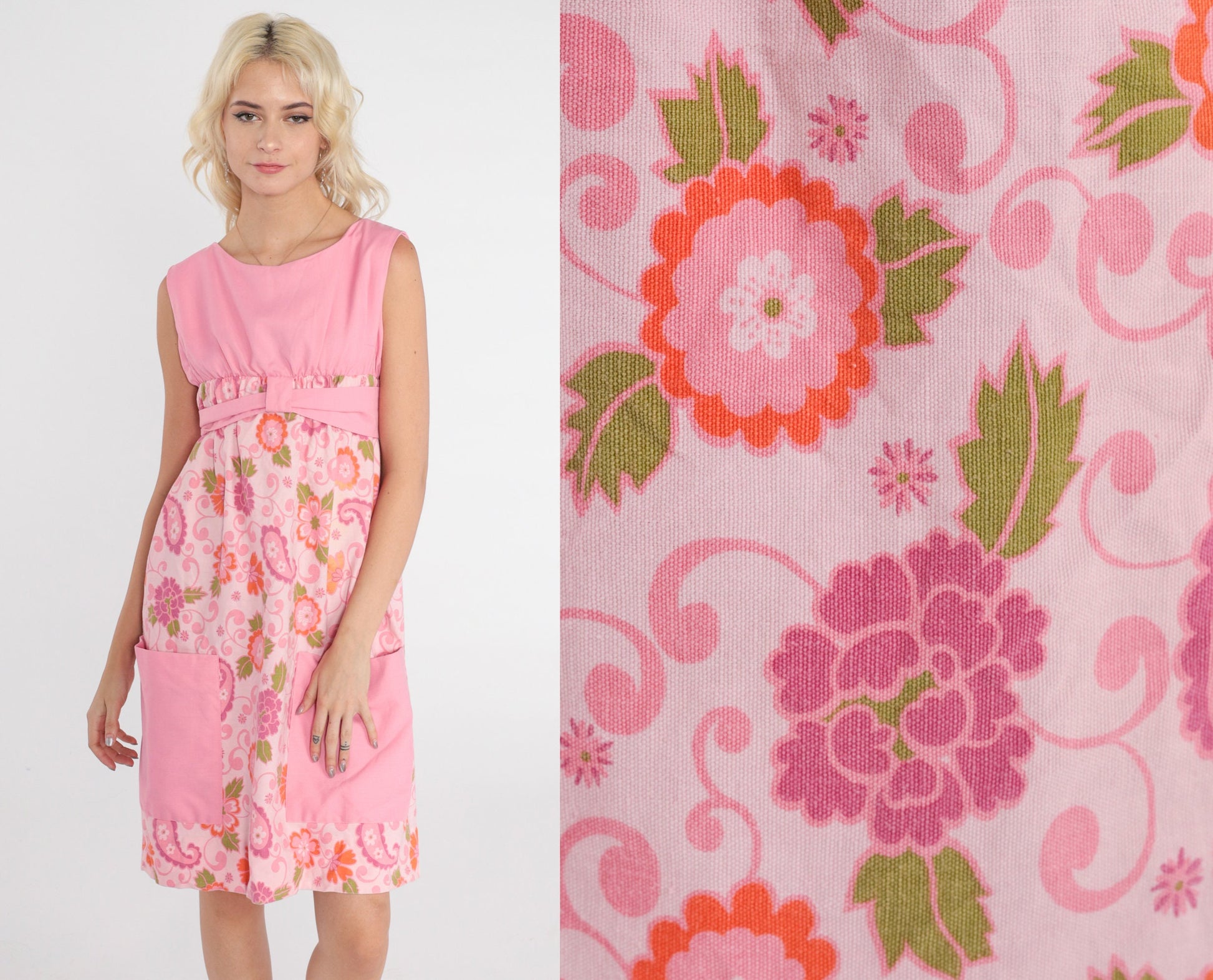 70s Pink Floral Empire Waist Mini Dress Sleeveless Tie Belt Pockets XS