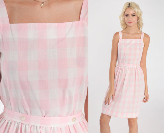 80s Pink Gingham Mini Sundress Sleeveless High Waist Pinafore Extra Small
