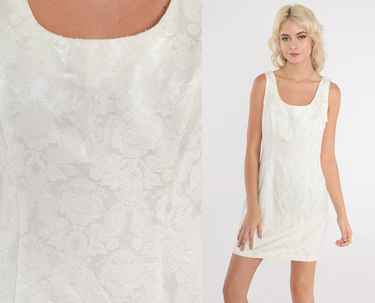 90s Rampage White Floral Jacquard Mini Dress Sleeveless Sheath Small