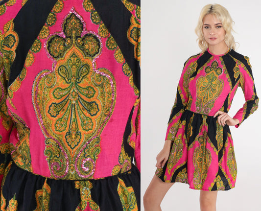 70s Don Sophistics Sequin Mini Dress Indian Floral Paisley Color Block Pink Black Small