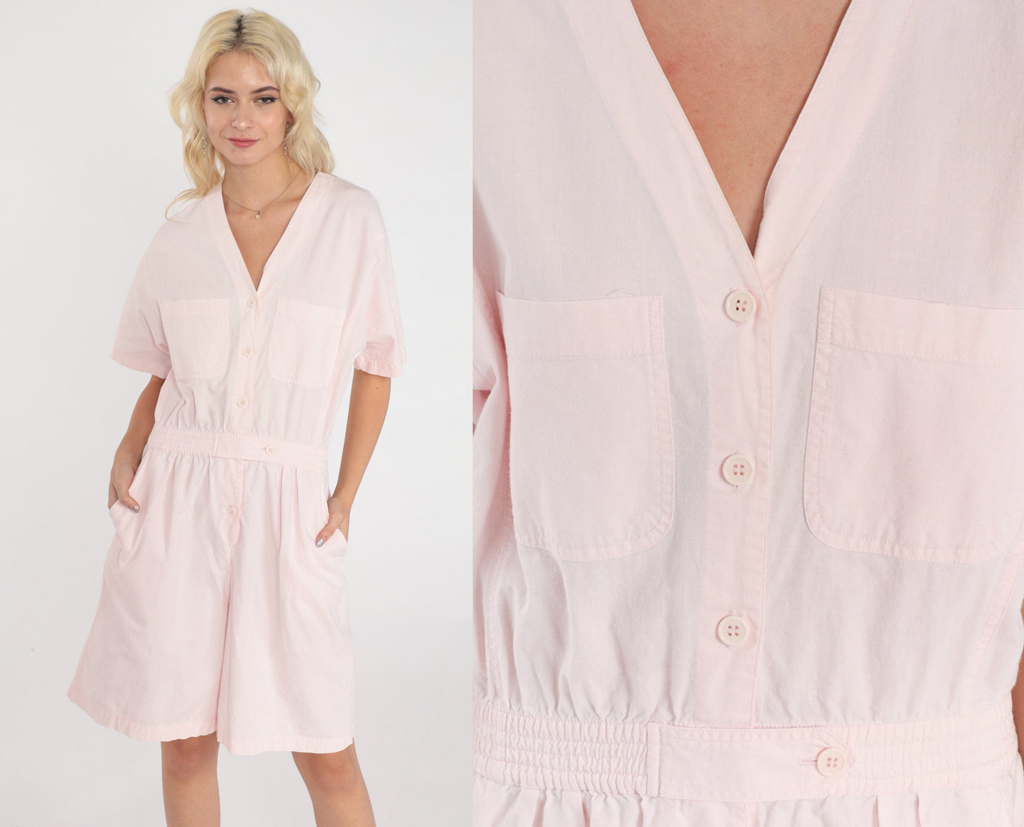 90s Baby Pink Cotton Romper Button-Up V-Neck Chest Pockets Medium