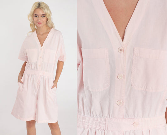 90s Baby Pink Cotton Romper Button-Up V-Neck Chest Pockets Medium