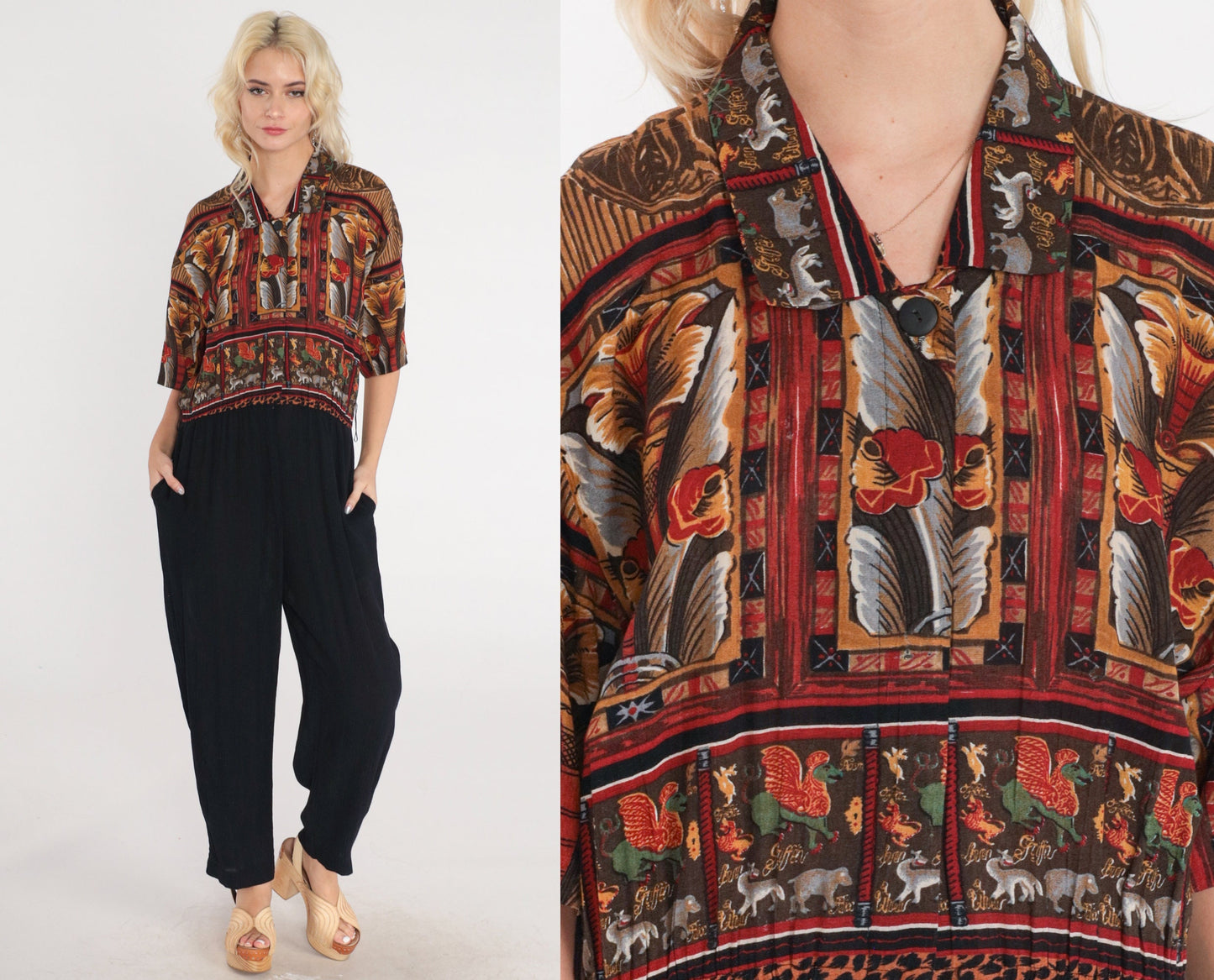 90s Phoebe Abstract Floral Griffin Jumpsuit High-Waisted Tapered Black Large