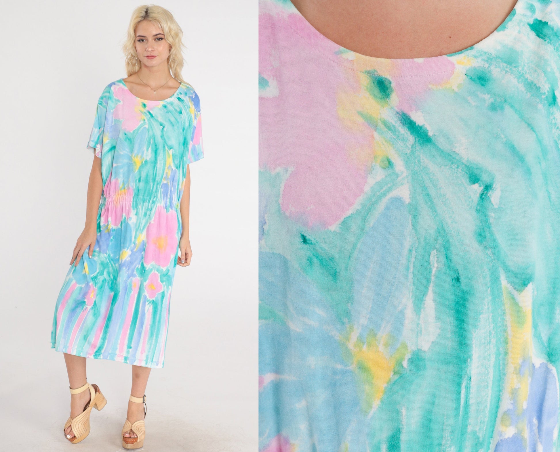 90s Watercolor Floral Midi Dress High Waist Short Sleeve Pink Green Large