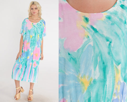 90s Watercolor Floral Midi Dress High Waist Short Sleeve Pink Green Large