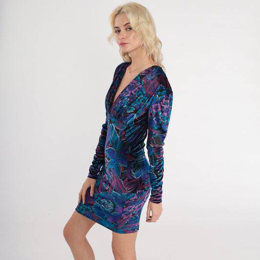 90s Floral Velvet Mini Dress Long Sleeve Empire Waist Blue Purple 2XS