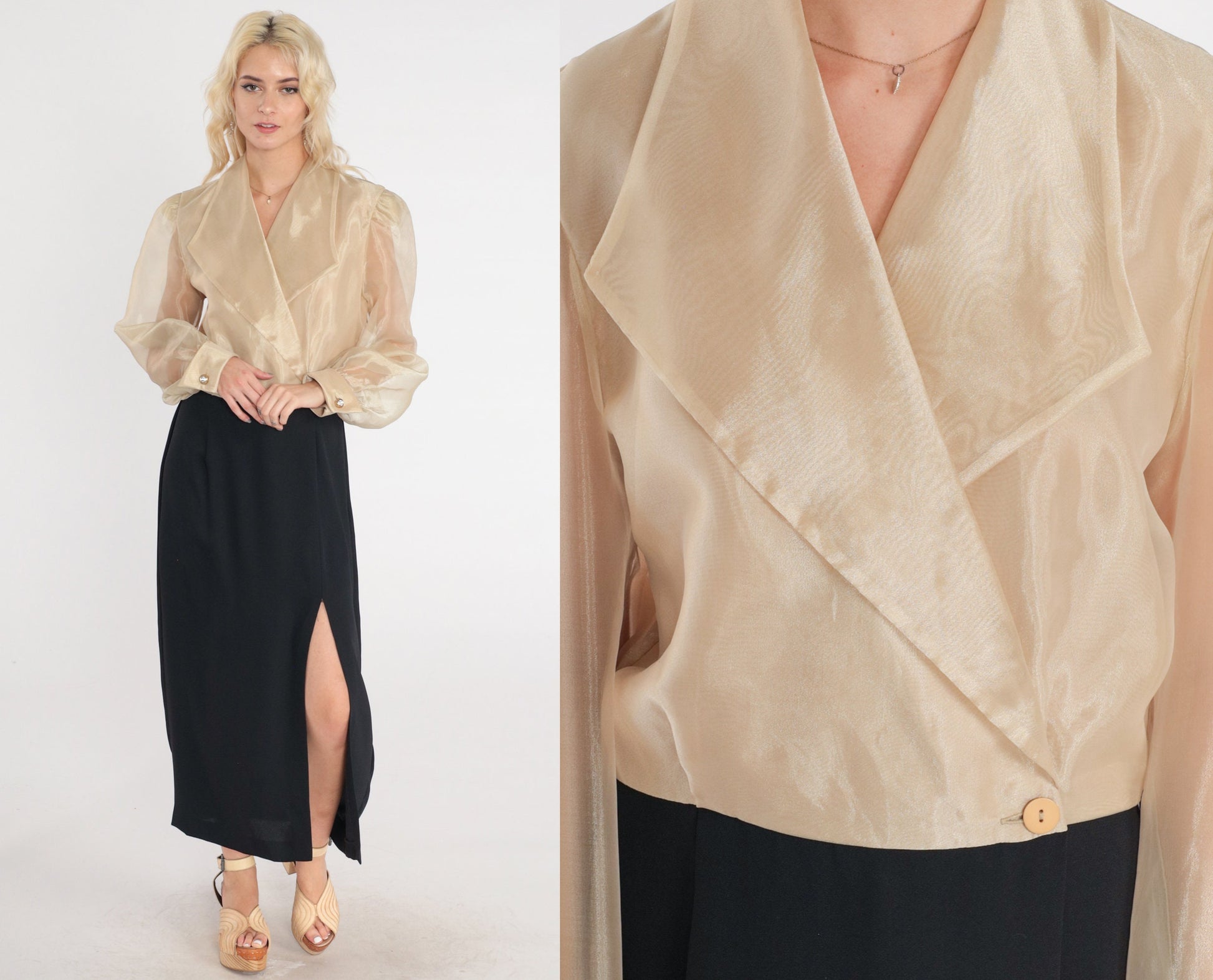 90s Metallic Gold Black Maxi Dress Sheer Sleeve Wrap Collar High Slit Small