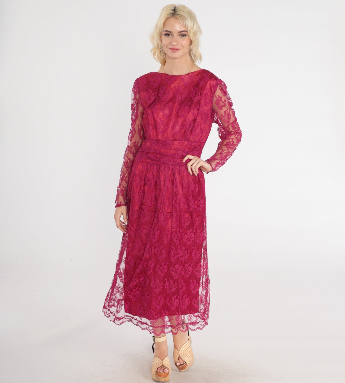 70s Raspberry Lace Midi Dress Puff Sleeve High Waist Low Back Medium