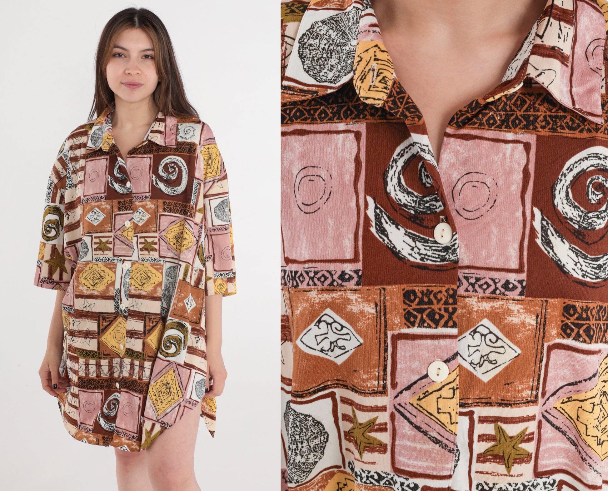 80s Beach Button Up Shirt Fish Seashell Starfish Print Plus Size 3XL
