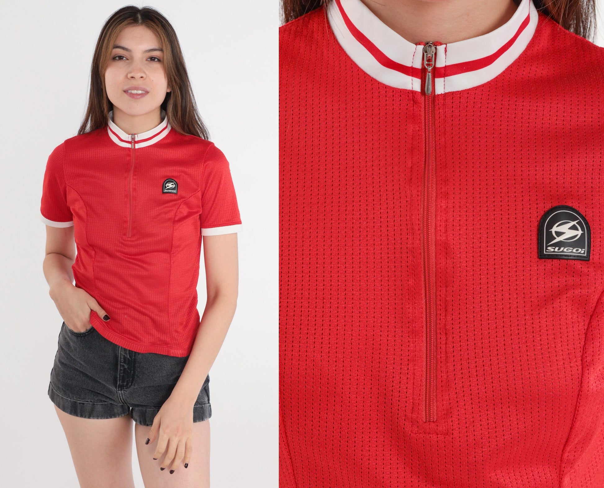 90s Sugoi Cycling Jersey Red Mesh Mock Neck Zip Pullover Small